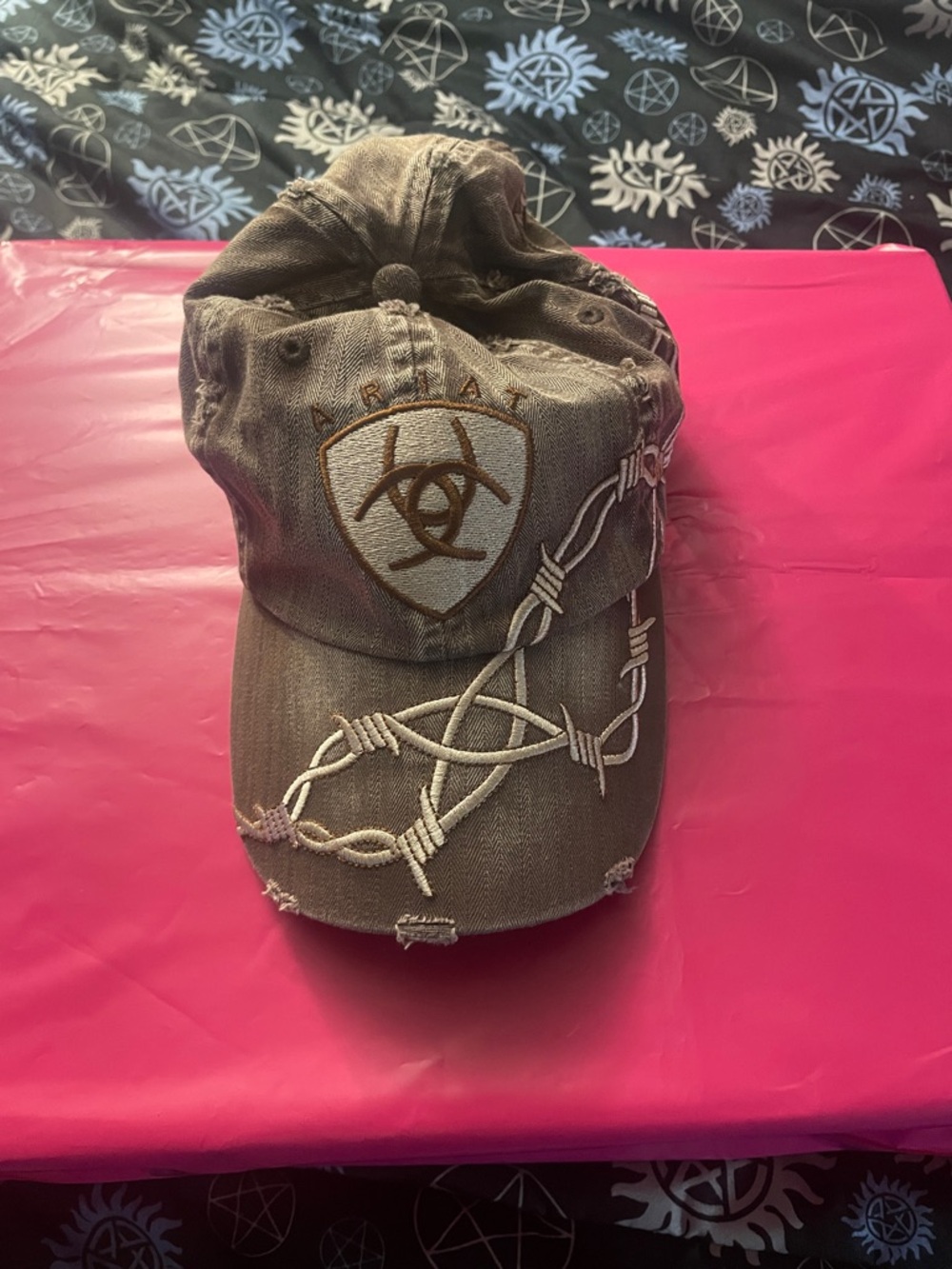 Ariat Distressed Olive Baseball Cap with White Barbed Wire Embroidery